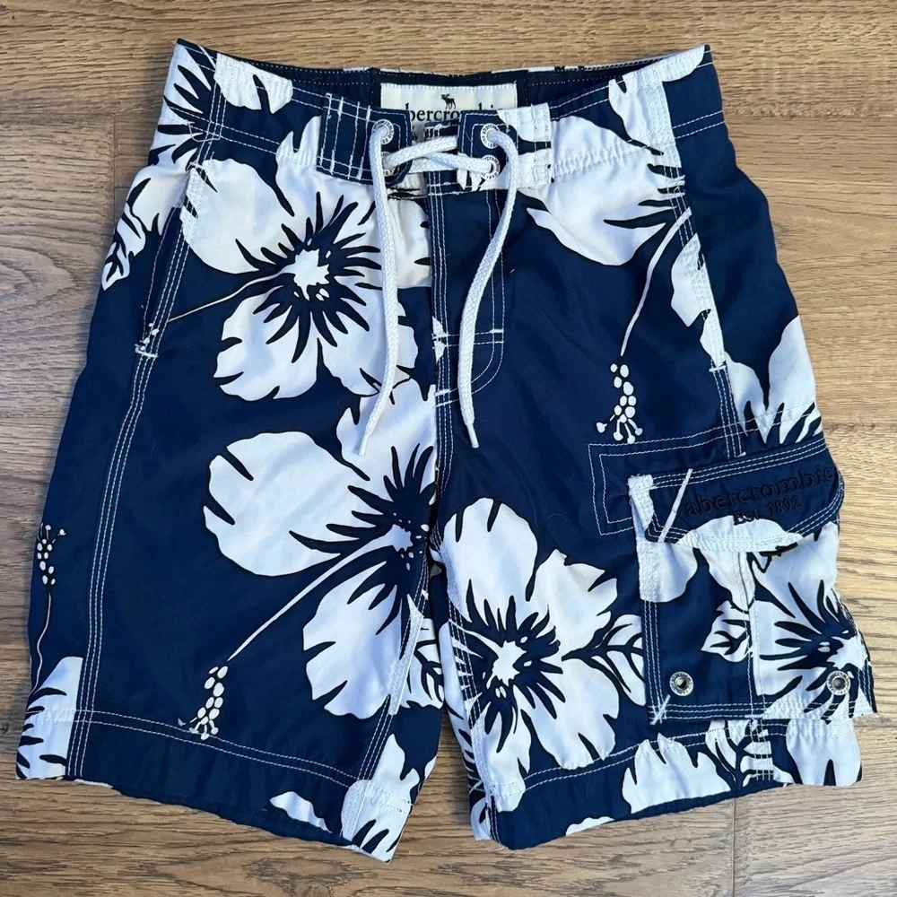 Boys Abercrombie & Fitch Swim Trunks  Board Shorts Y2K NAVY Retro Tropical S EUC